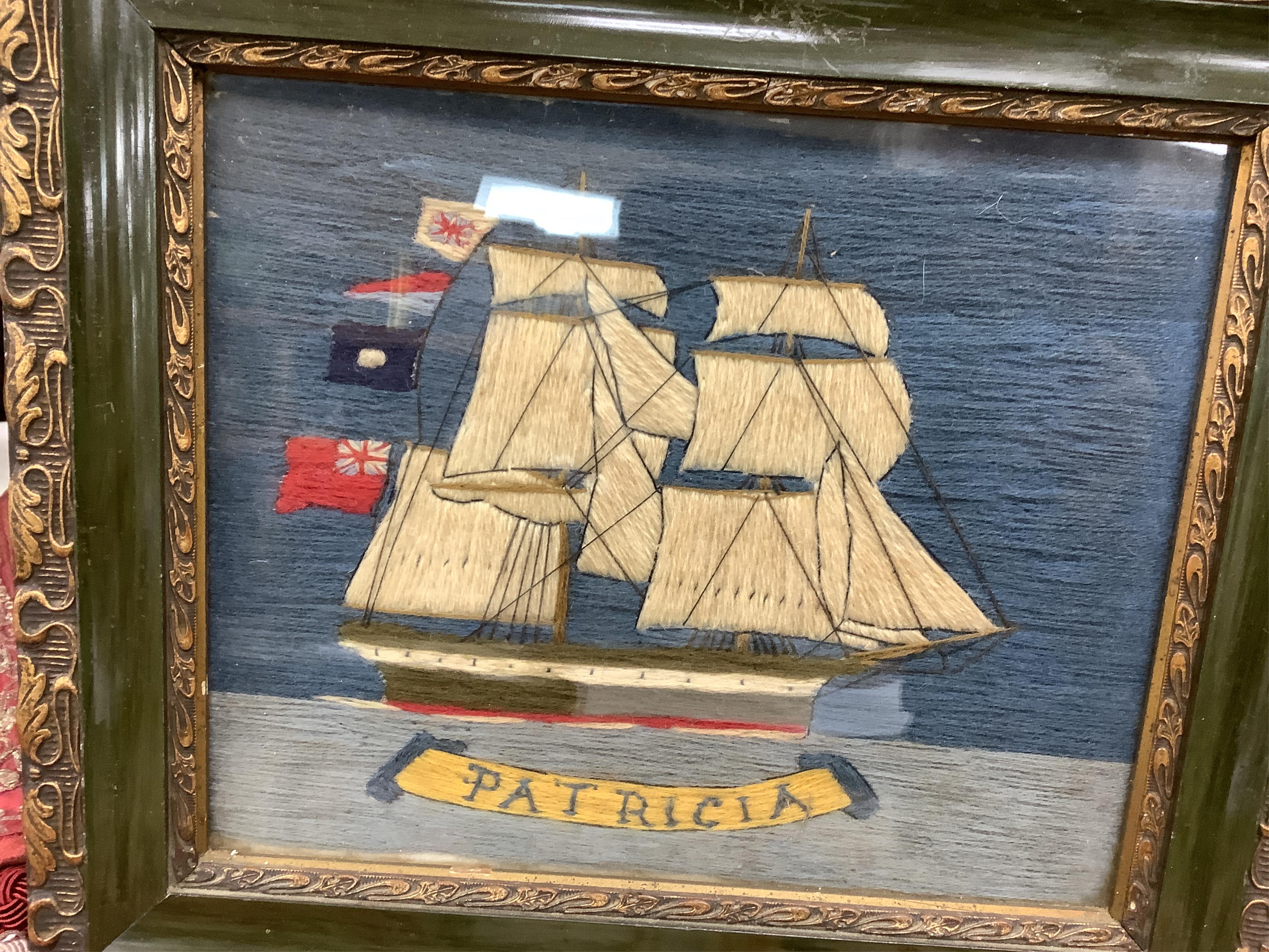 Three early 20th century Folk Art wool works of Clippers, two with flags, one embroidered Patricia, the third by a lighthouse, largest 31cm x 23cm. Condition - all three embroideries are unfaded or damaged, the frame on